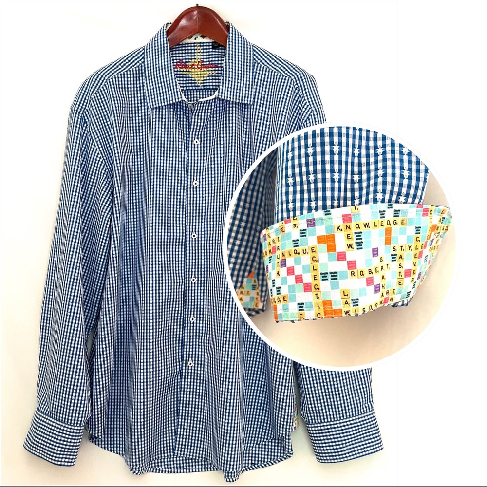 SCRABBLE!! Robert Graham Blue Check Scrabble Print Long Sleeve Shirt 3XL
